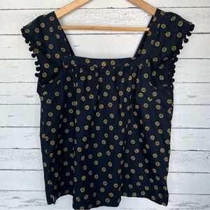 J. Crew Dark Blue Square Neck Top Daisy Print / Pom Pom Sleeves - NWT
